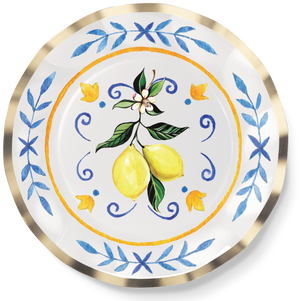 The Sophistiplate Salad Plate Capri Coast/8pk features two yellow lemons with green leaves and a white flower at the center, accented by blue and yellow floral patterns and a ruffled foil edge for an elegant touch.