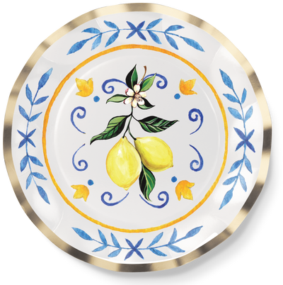 The Sophistiplate Salad Plate Capri Coast/8pk features two yellow lemons with green leaves and a white flower at the center, accented by blue and yellow floral patterns and a ruffled foil edge for an elegant touch.
